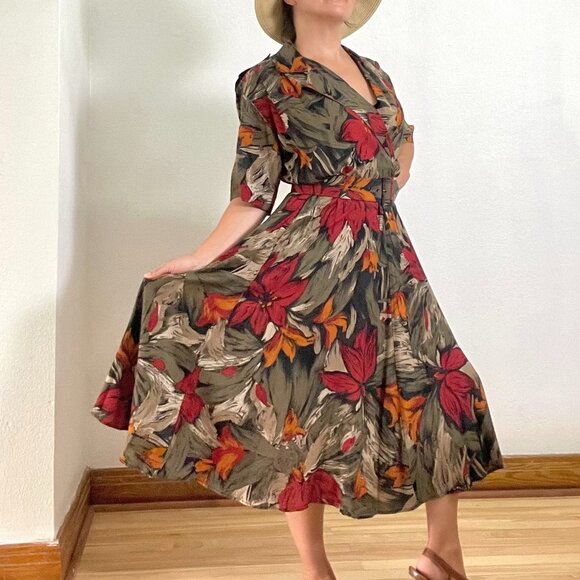80s Vintage Safari Tropical Pattern Dress - Picture 1 of 8
